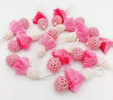Pink Crochet Ball Tassels With White Pearls Beads, Tassel Charms, Nylon Tassels x 2